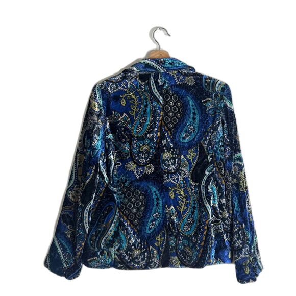 Chicos Blazer Womens S Blue Velvet Paisley Print Button Front Jacket Boho Dressy - Picture 8 of 9